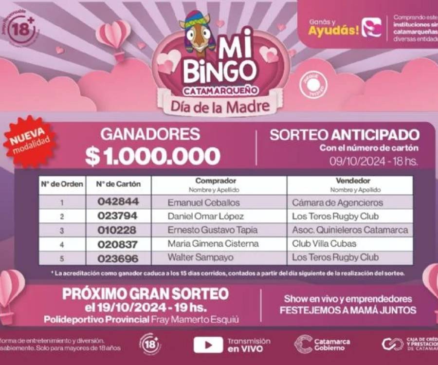 Sortearon 5 millones de pesos en el anticipado de Mi Bingo Catamarqueño del día de la madre